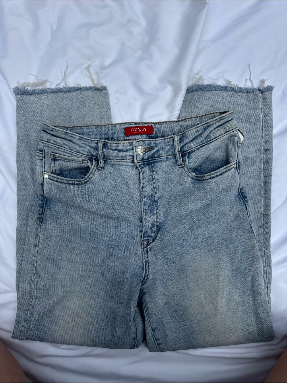 GUESS Light Blue Frayed Hem Cropped Jeans